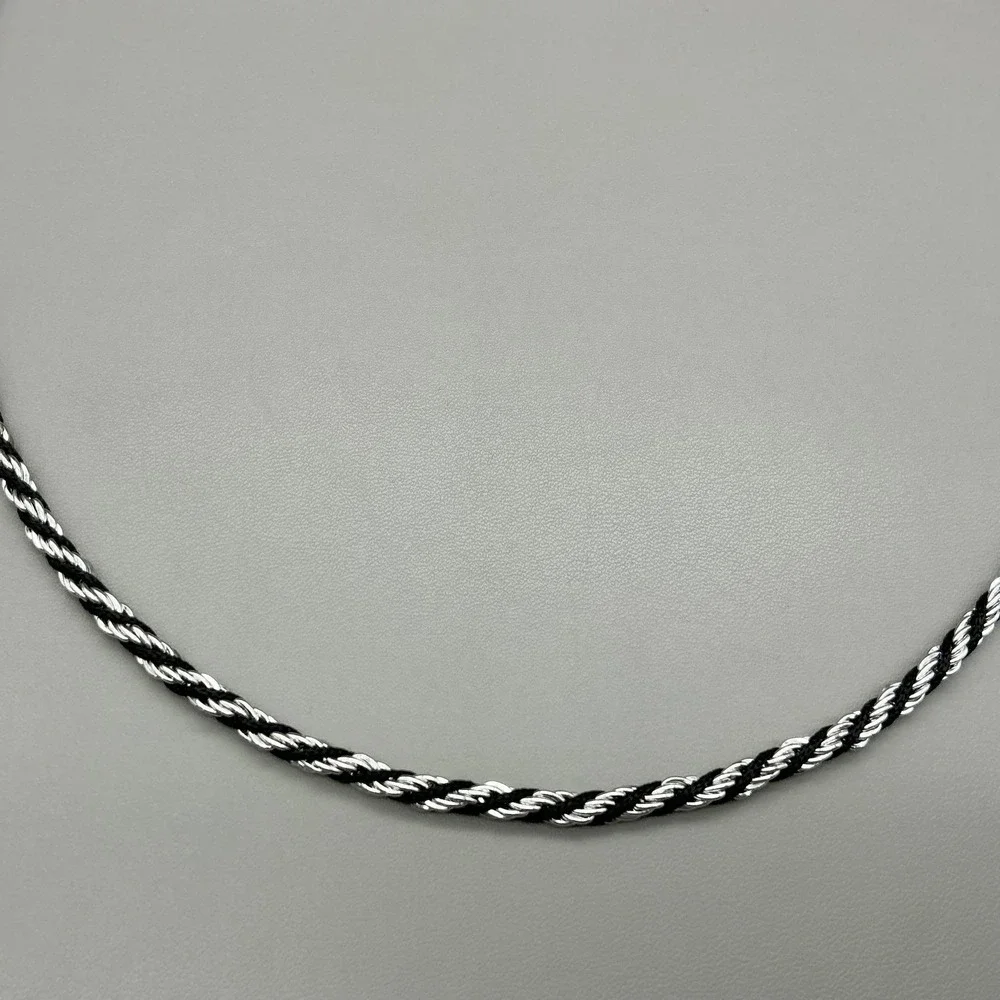 Vintage Trifari Necklace Silver Tone Black Twisted Rope Chain Womens Jewelry 22